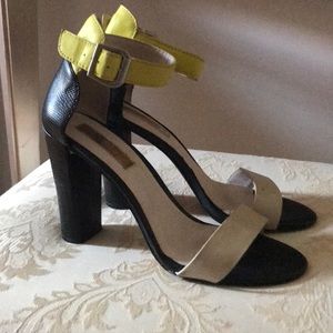 4” heel strapped sandals, tan , yellow, black